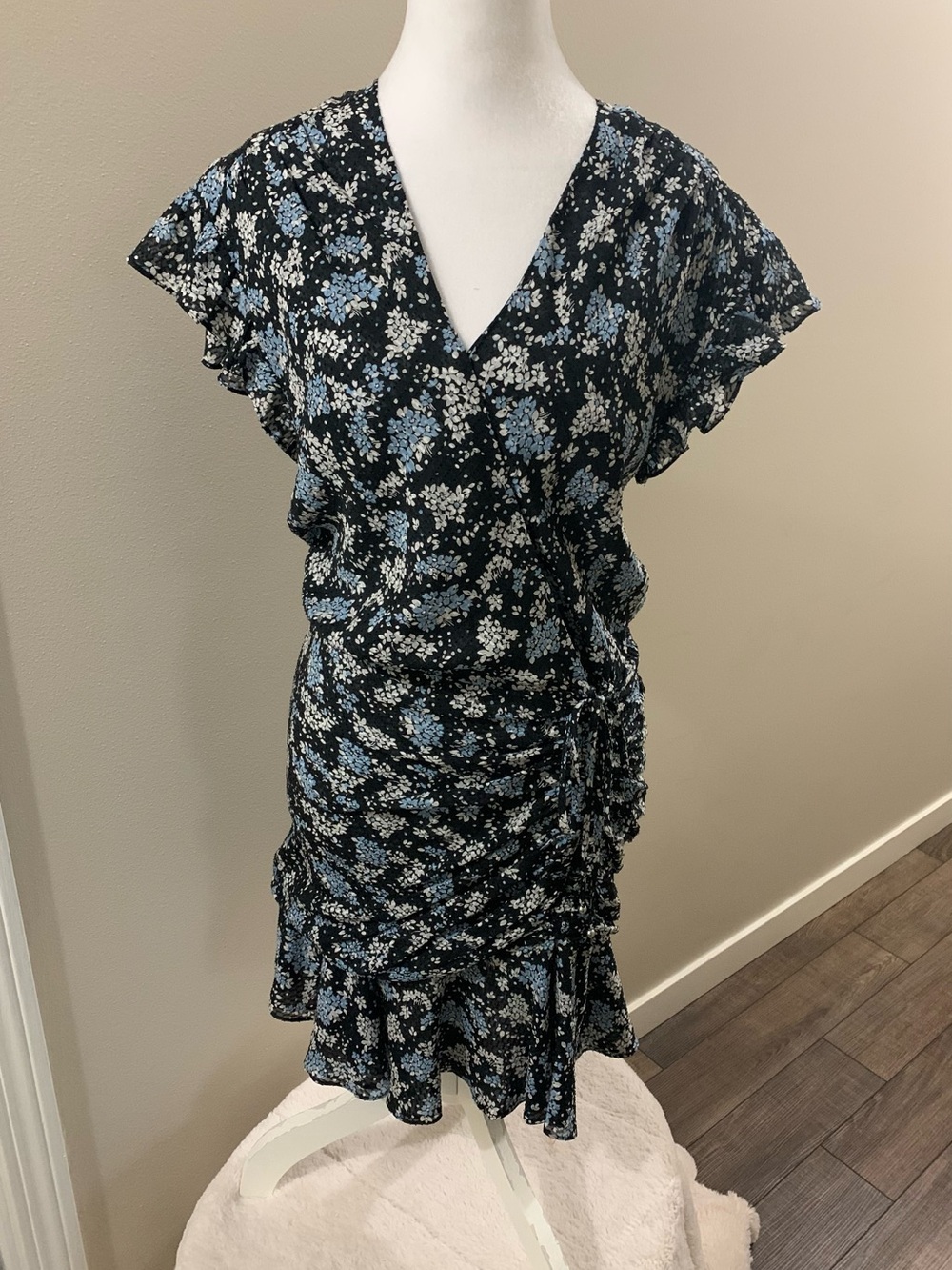 Veronica Beard Black Mini Dress with Blue & White Floral